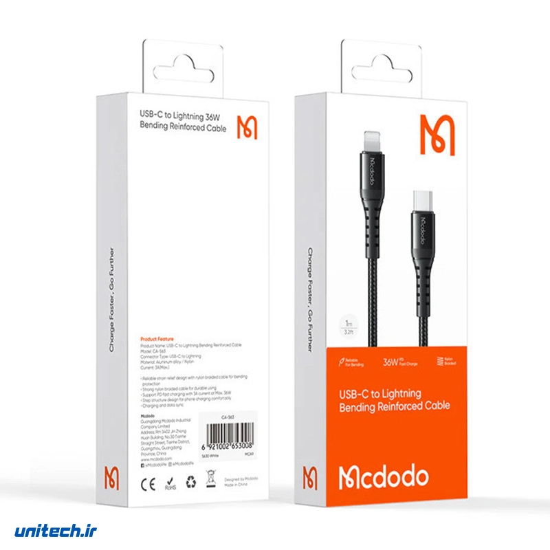 کابل تایپ سی به لایتنینگ فست شارژ 36 وات مک دودو CA563 طول 1 متر55